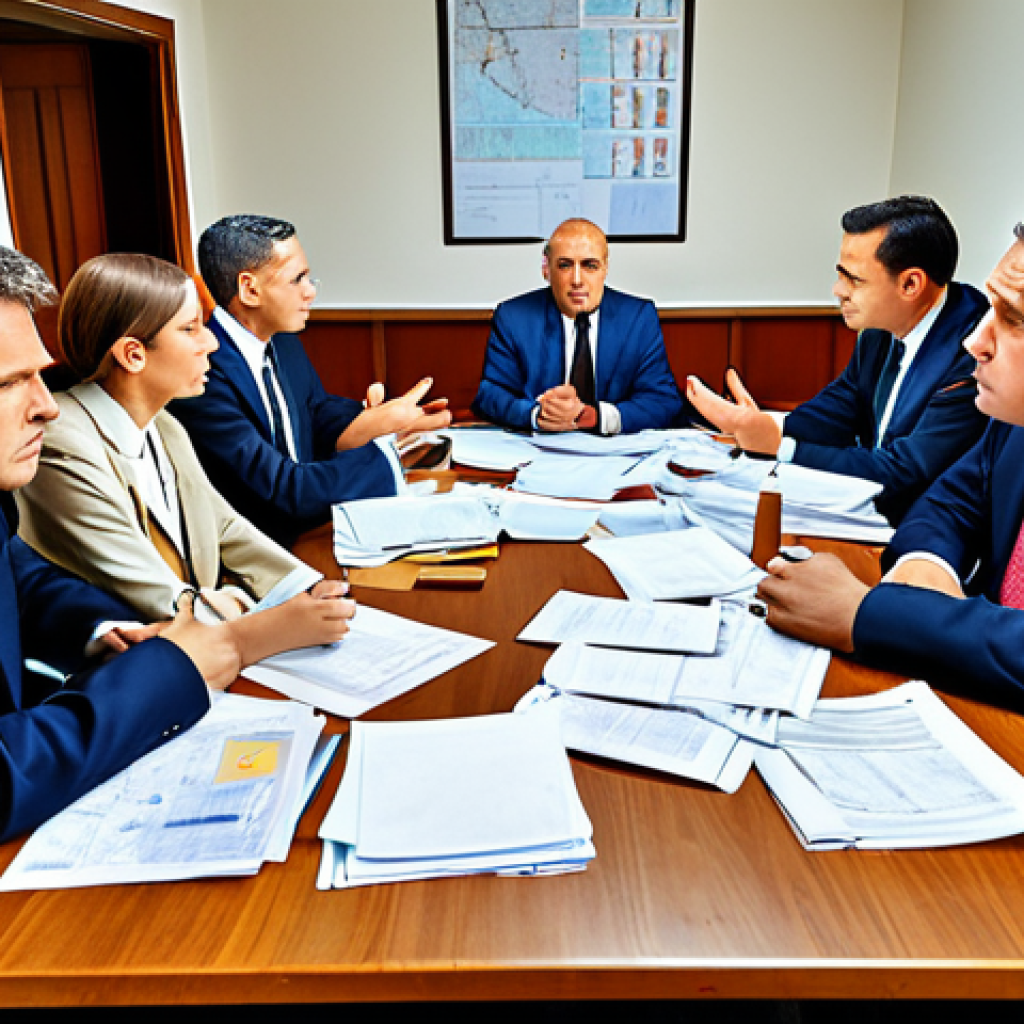 **

A chaotic government project planning meeting. Overwhelmed officials are gathered around a table littered with documents. Show a sense of disorganization and lack of clear direction. Emphasize the absence of proper planning and a rushed atmosphere. Add elements suggesting a disconnect between the planned project and the needs of local people.

**
