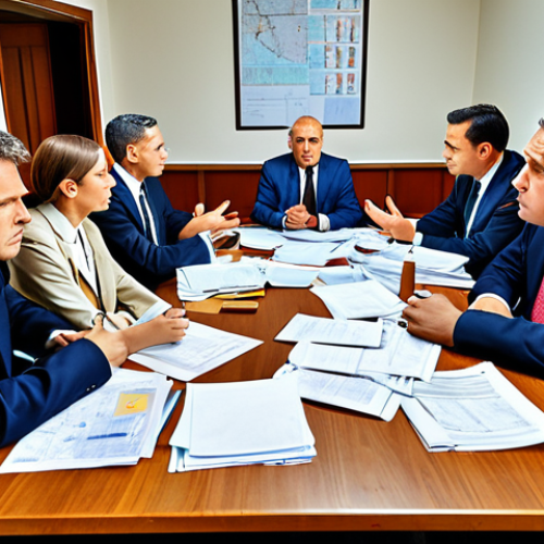 Home 11 **
A chaotic government project planning meeting. Overwhelmed officials are gathered around a table littered with documents. Show a sense of disorganization and lack of clear direction. Emphasize the absence of proper planning and a rushed atmosphere. Add elements suggesting a disconnect between the planned project and the needs of local people.
**