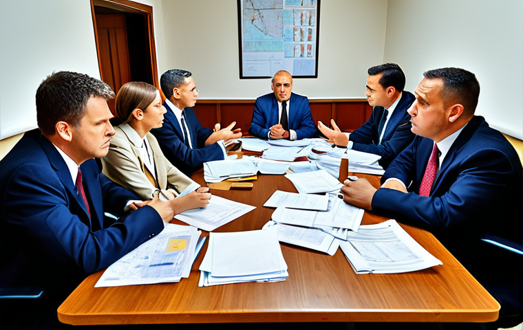**
A chaotic government project planning meeting. Overwhelmed officials are gathered around a table littered with documents. Show a sense of disorganization and lack of clear direction. Emphasize the absence of proper planning and a rushed atmosphere. Add elements suggesting a disconnect between the planned project and the needs of local people.
**