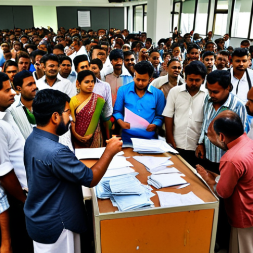 Home 6 **
A chaotic government office scene in Bangladesh. Overwhelmed staff struggle with paperwork amidst disorganized files. Frustrated citizens queue, highlighting the disconnect between official regulations and the reality of bureaucratic inefficiency and corruption ("দুর্নীতি"). The image should evoke a sense of despair and lack of accountability ("জবাবদিহিতার অভাব"). Emphasis on the struggles of ordinary people navigating the system.
**
