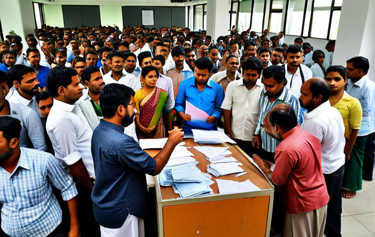 **
A chaotic government office scene in Bangladesh. Overwhelmed staff struggle with paperwork amidst disorganized files. Frustrated citizens queue, highlighting the disconnect between official regulations and the reality of bureaucratic inefficiency and corruption ("দুর্নীতি"). The image should evoke a sense of despair and lack of accountability ("জবাবদিহিতার অভাব"). Emphasis on the struggles of ordinary people navigating the system.
**